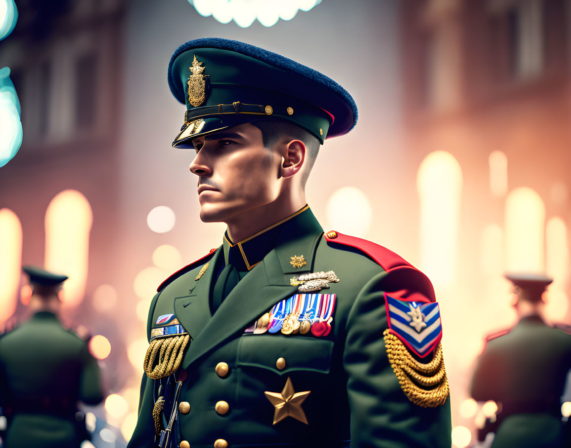 Military officer in dress uniform with decorations standing at attention among fellow personnel