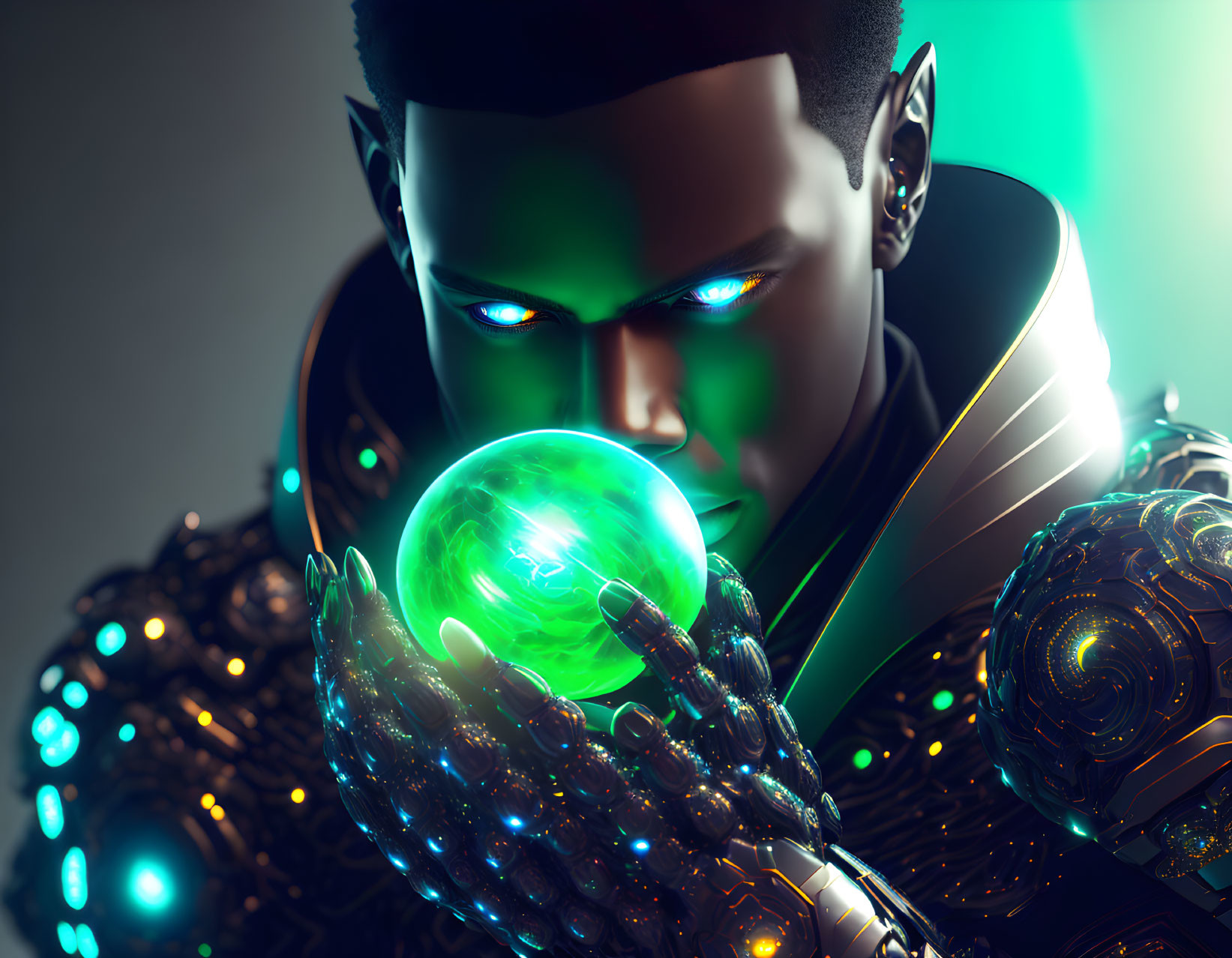 Futuristic being with glowing blue eyes and cybernetic armor holding a green orb