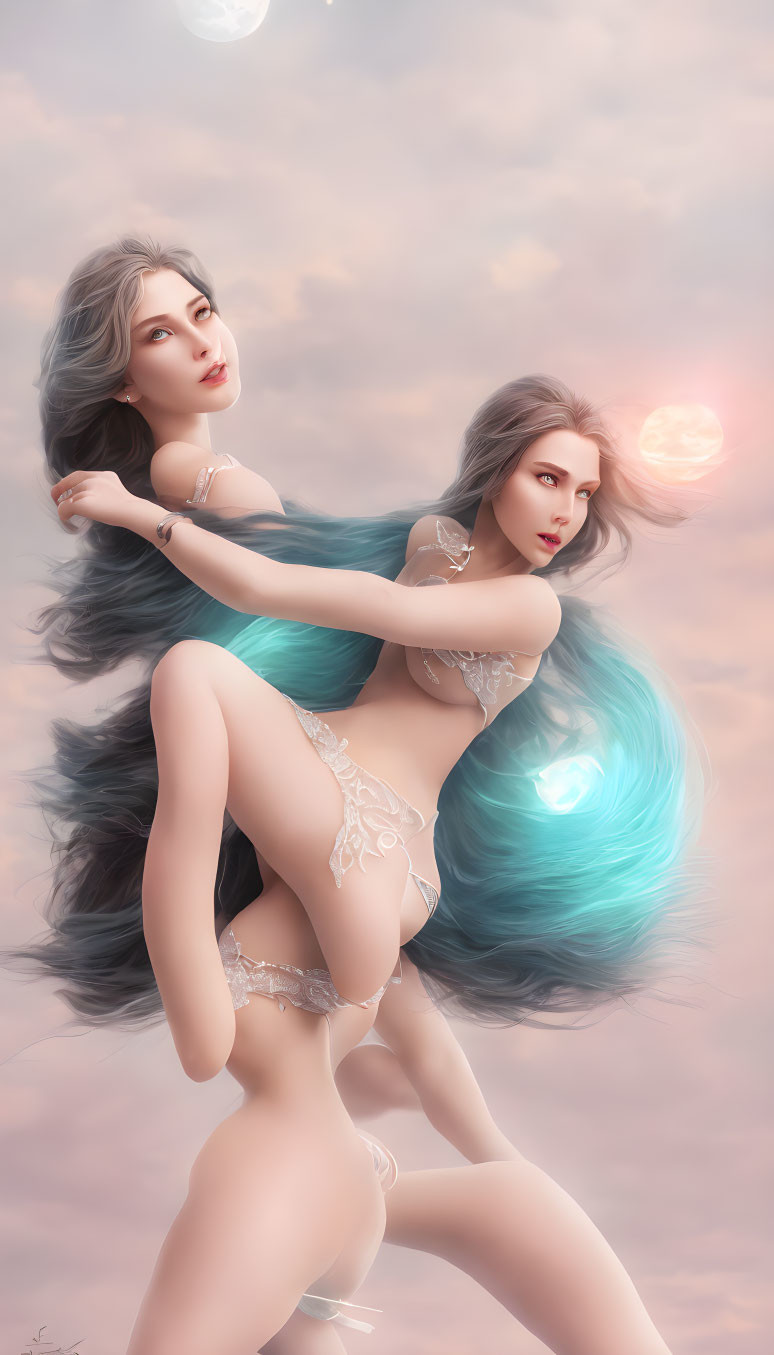 Ethereal animated women with flowing hair in delicate attire among glowing orbs on pastel sky.