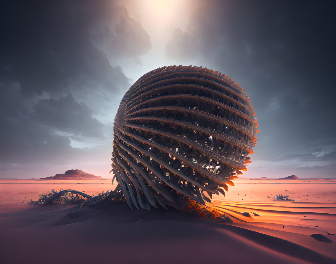 Giant ribbed sphere in surreal desert landscape with mesas.