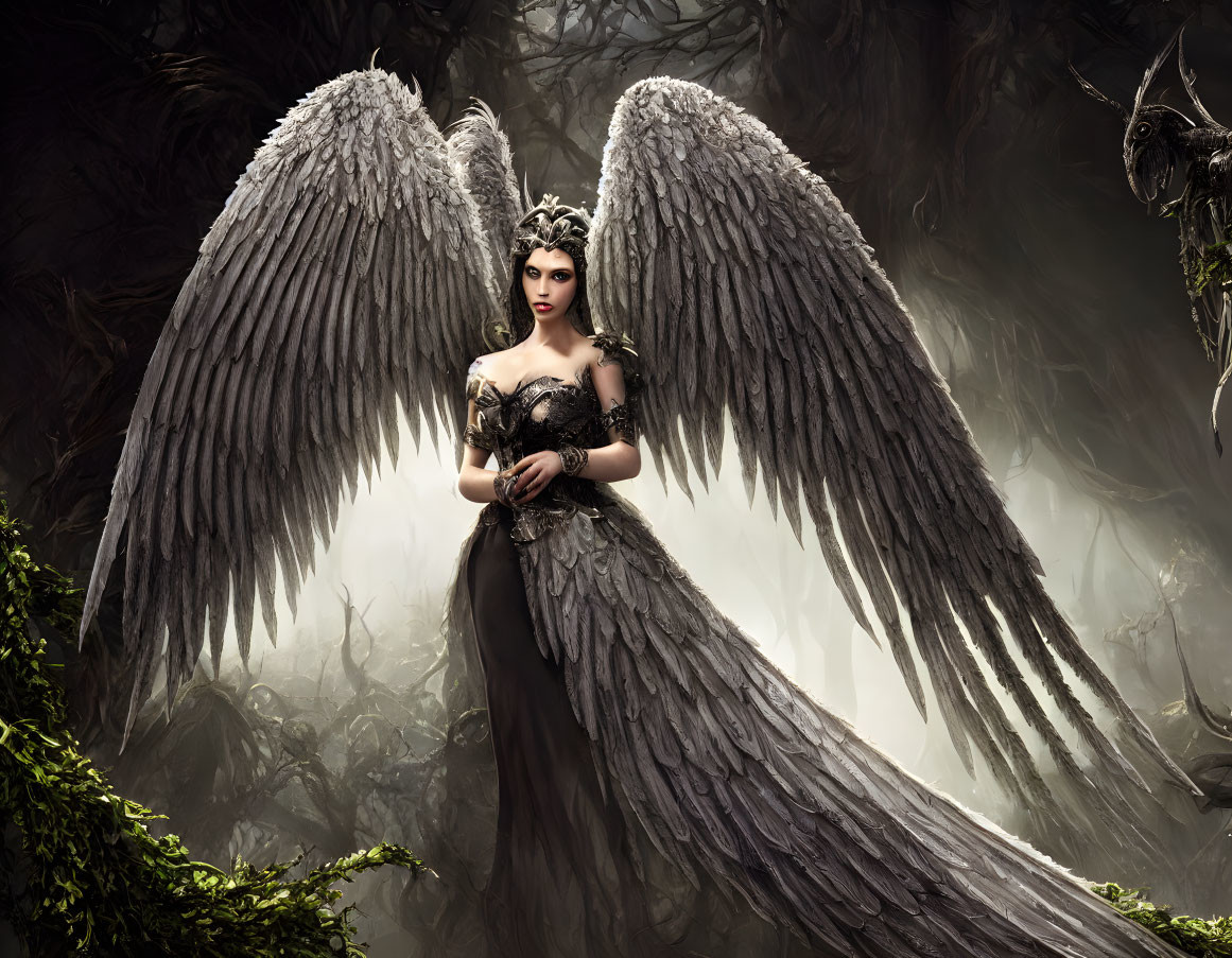 Mystical woman with dark angel wings in foggy forest.