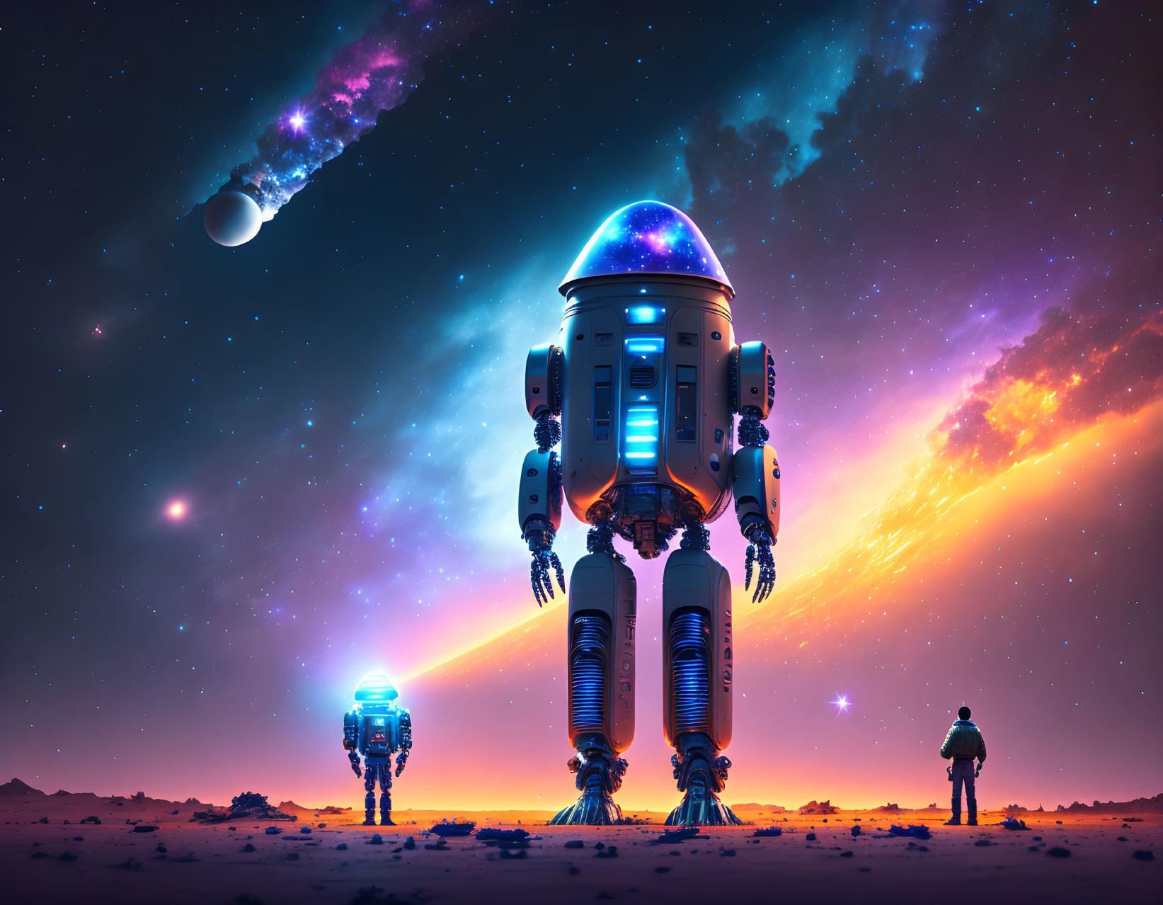 Futuristic sci-fi art: robots, human, alien desert, twilight sky, stars, comet