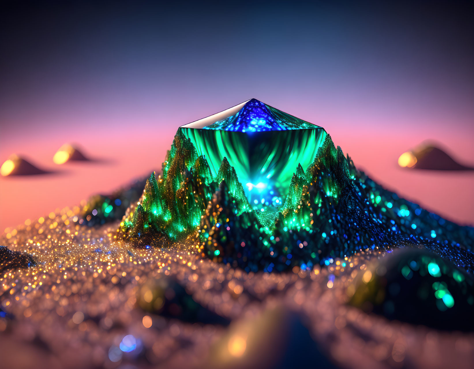 Glowing mountain with crystal-like peak in twilight sky