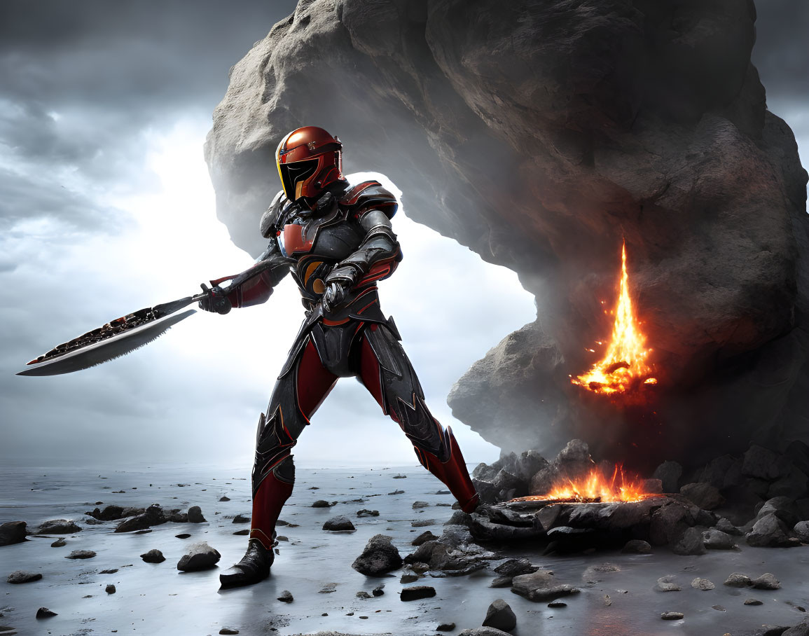 Futuristic warrior in red and silver armor with sword in stormy landscape