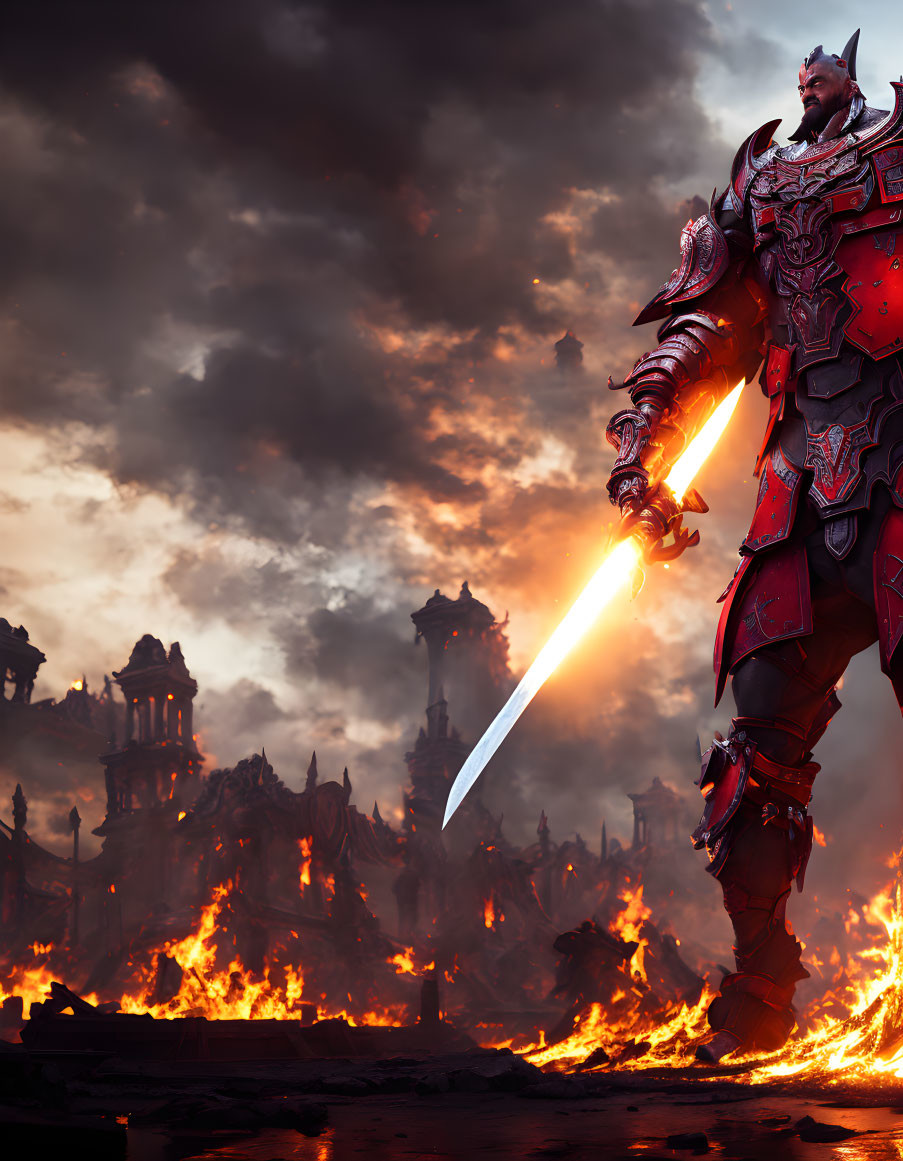 Armored knight with glowing sword in fiery landscape with dark castles