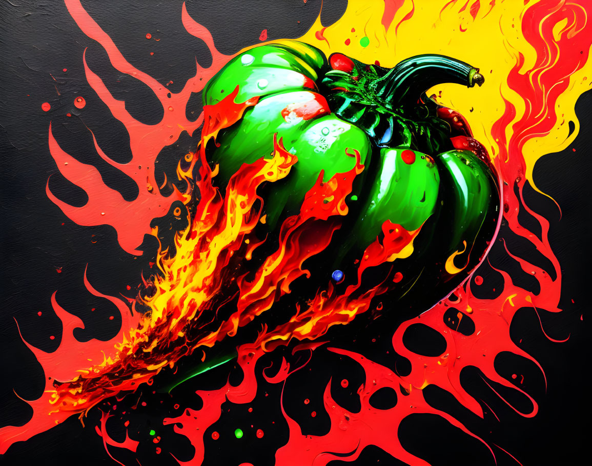 Colorful bell pepper surrounded by flames on black background