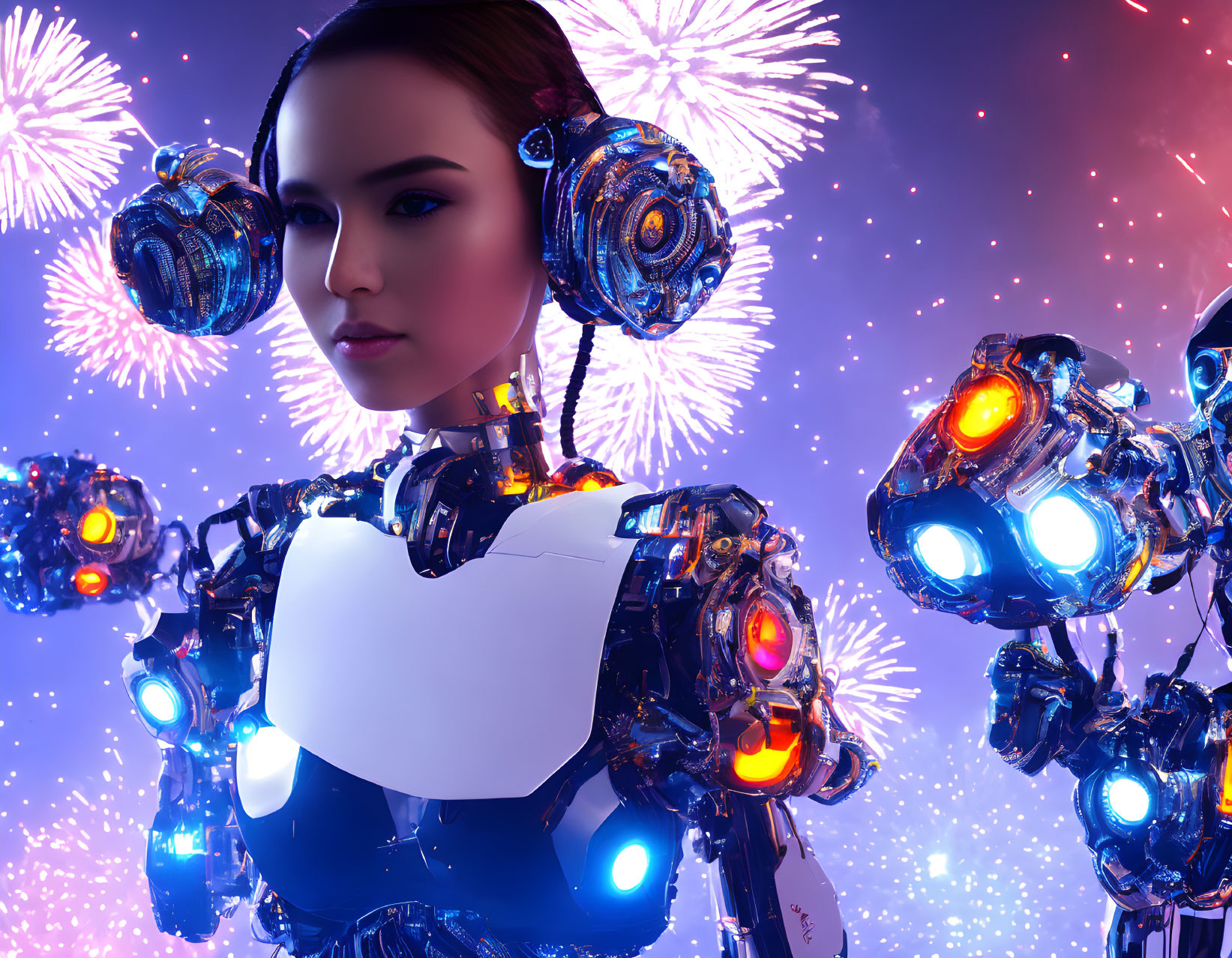 Futuristic female robot with lifelike face and glowing elements amid vibrant fireworks