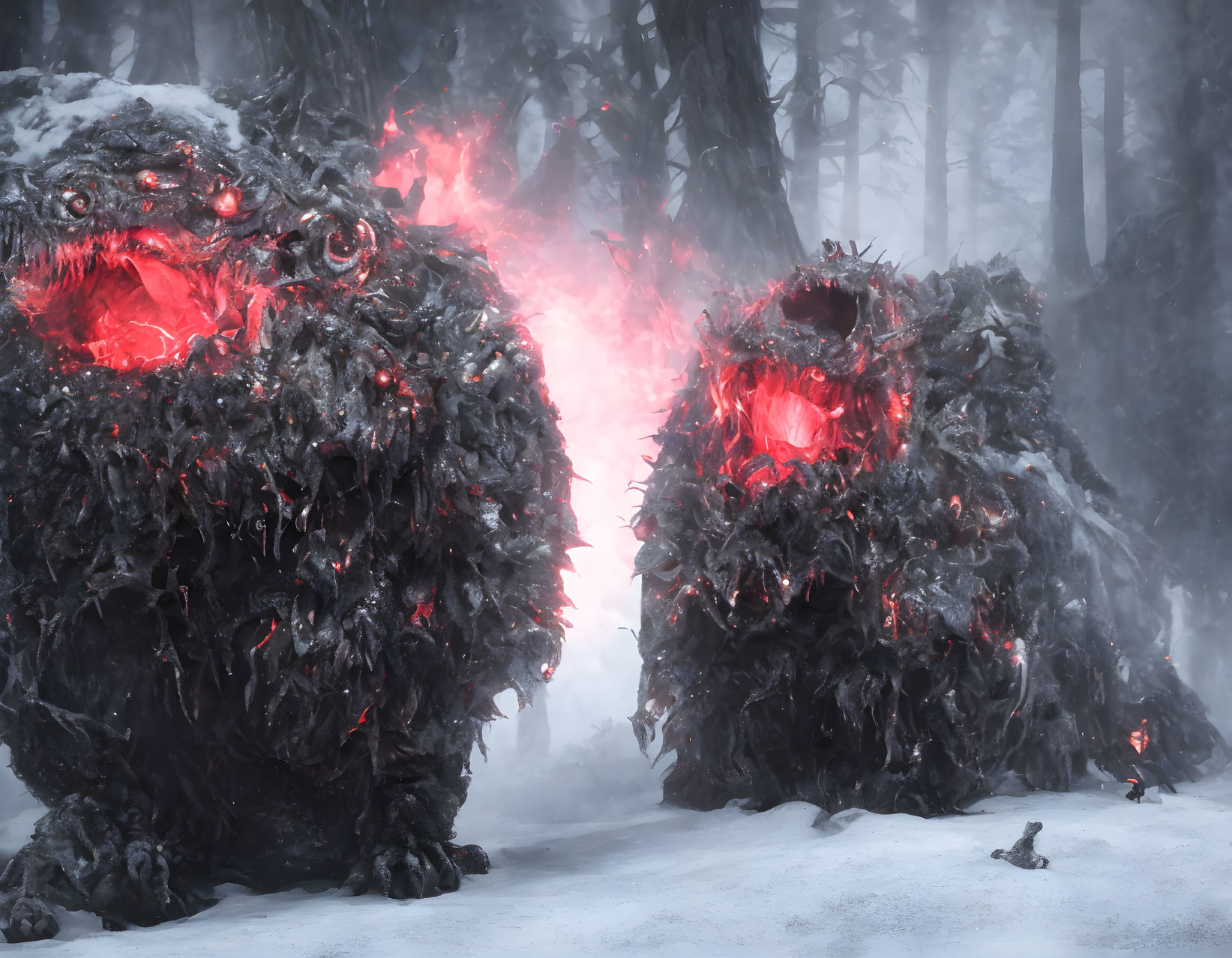 Glowing red-eyed mythical creatures in snowy forest