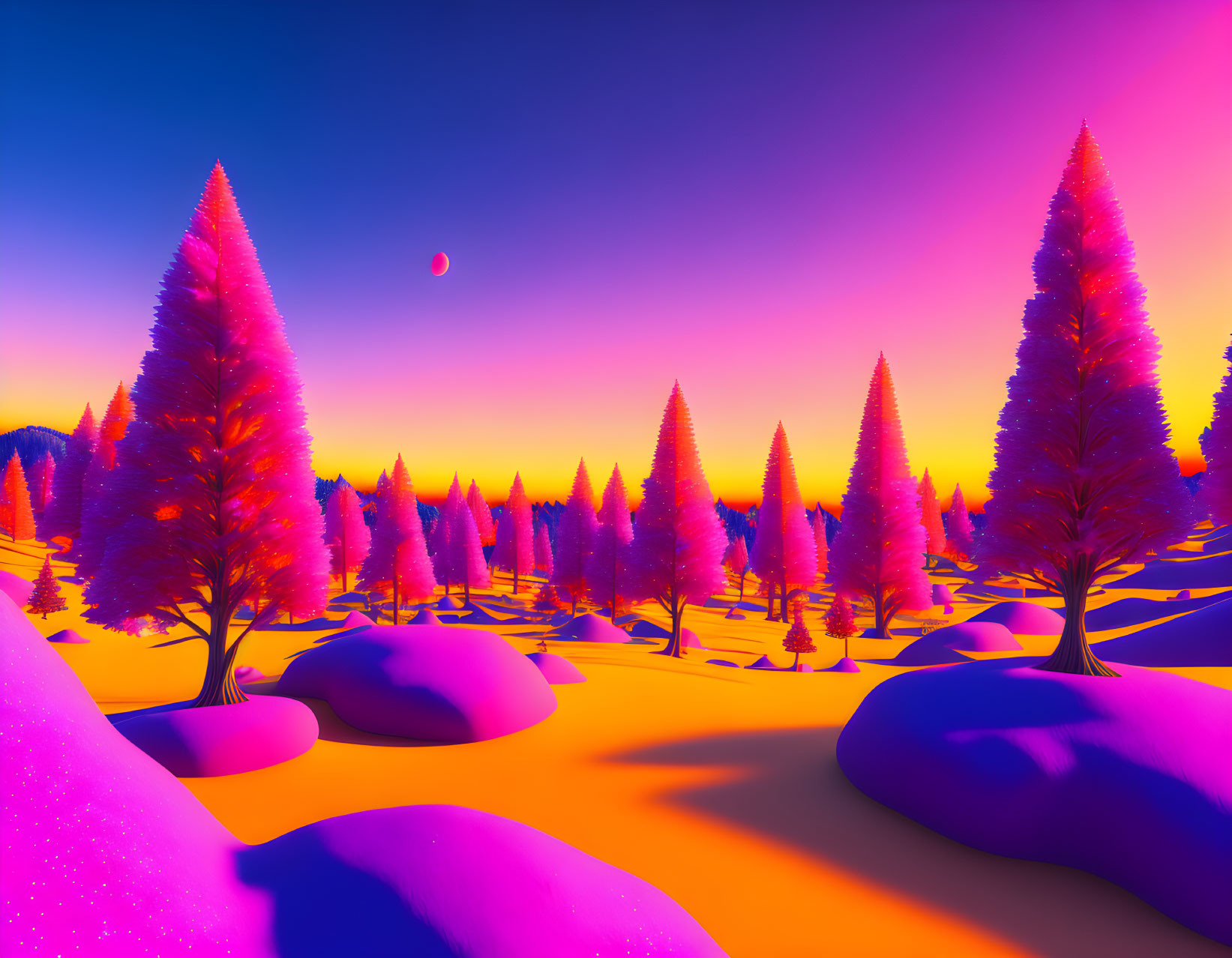 Colorful digital landscape with magenta trees, neon ground, and purple sky