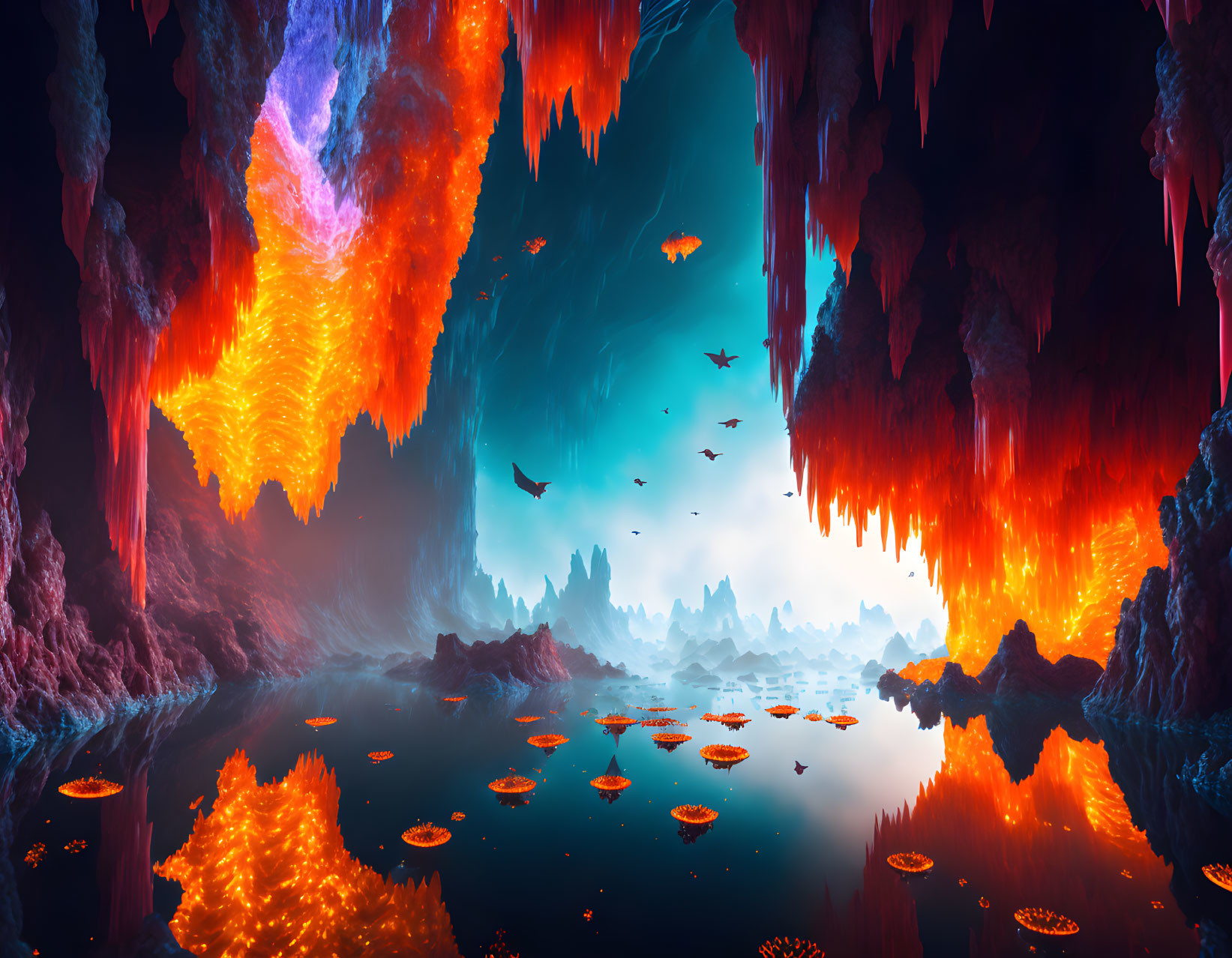 Mystical cave with glowing lava ceiling and tranquil lake