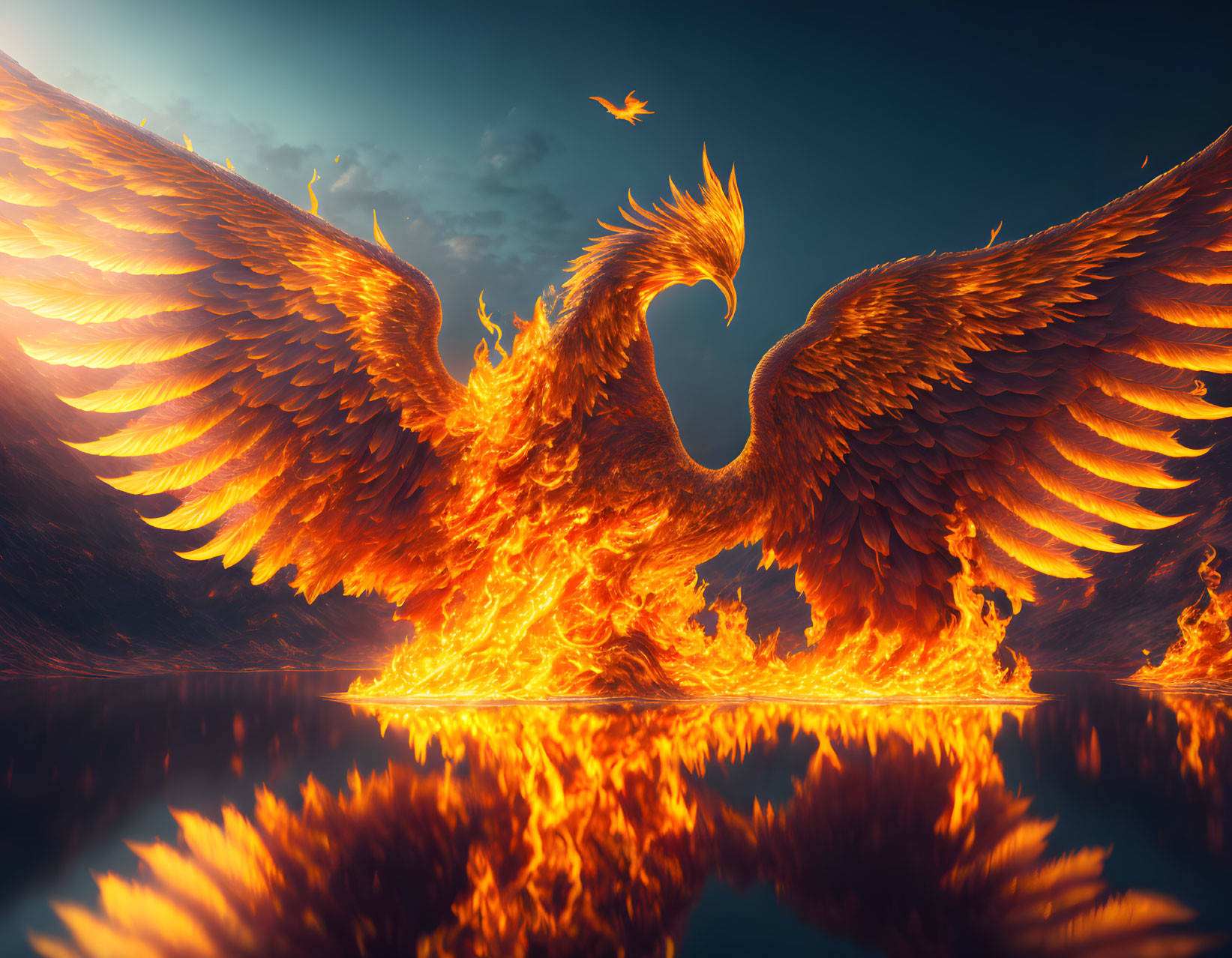 Majestic Phoenix in Fiery Tones Soaring Over Reflective Water