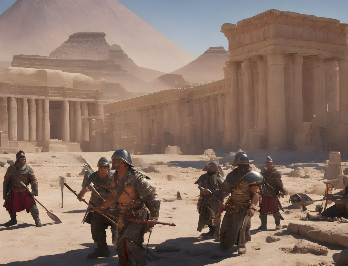 Armored ancient warriors in desert ruins with pyramid and blue sky