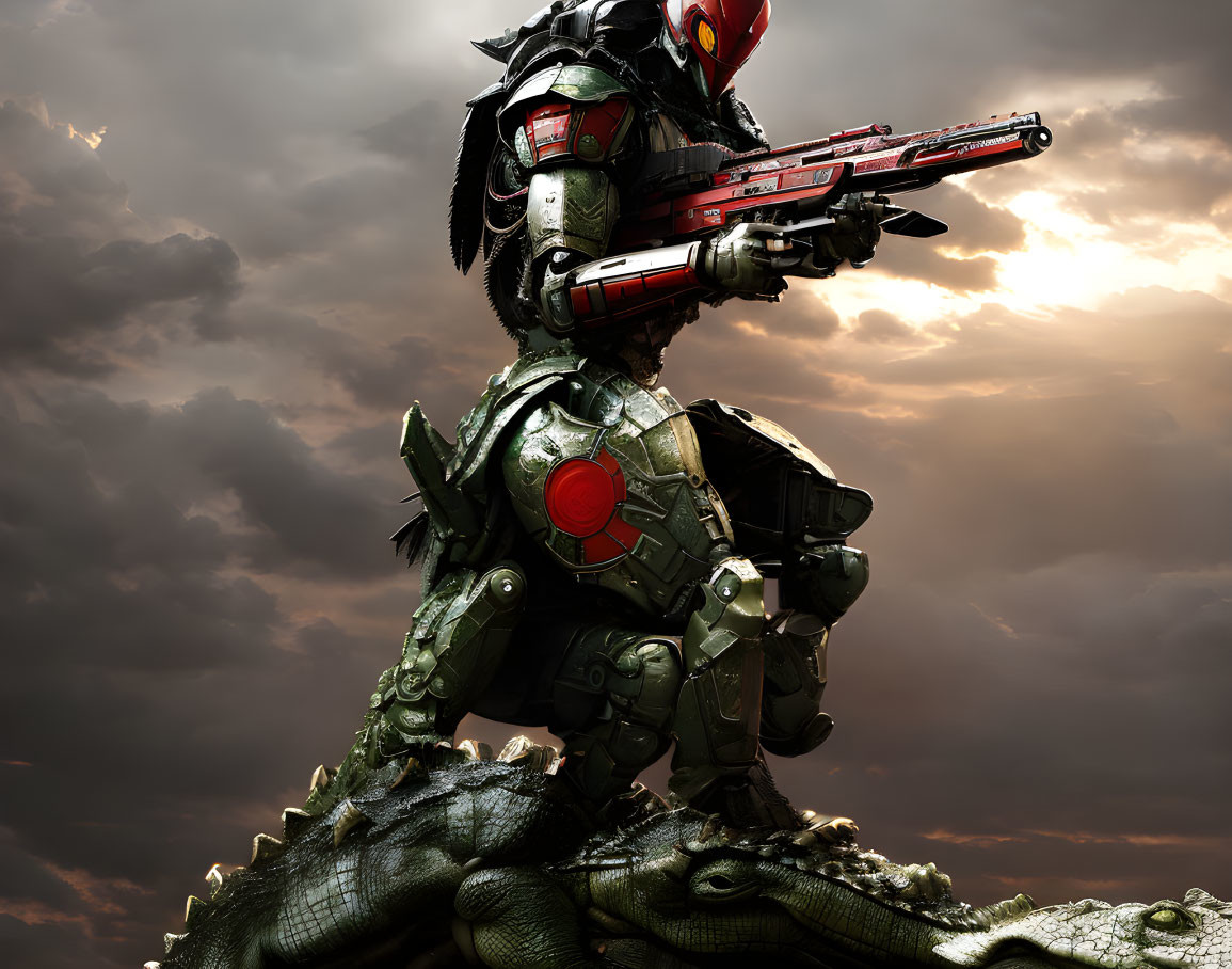 Futuristic soldier in green armor with red visor rides dragon under cloudy sky