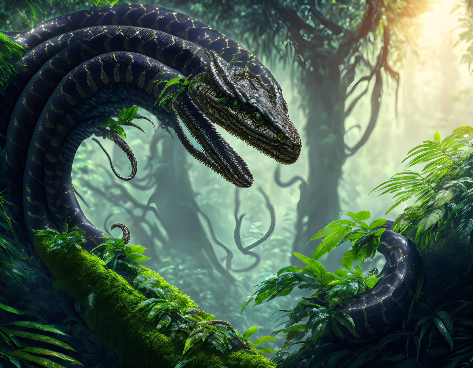 Large Serpent Coiling in Lush Green Forest