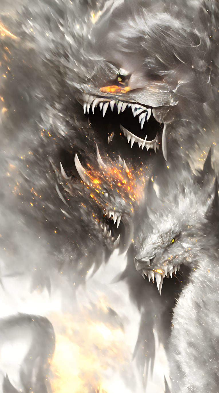 Glowing-eyed wolves in smoky shadows with sharp fangs and sparks.