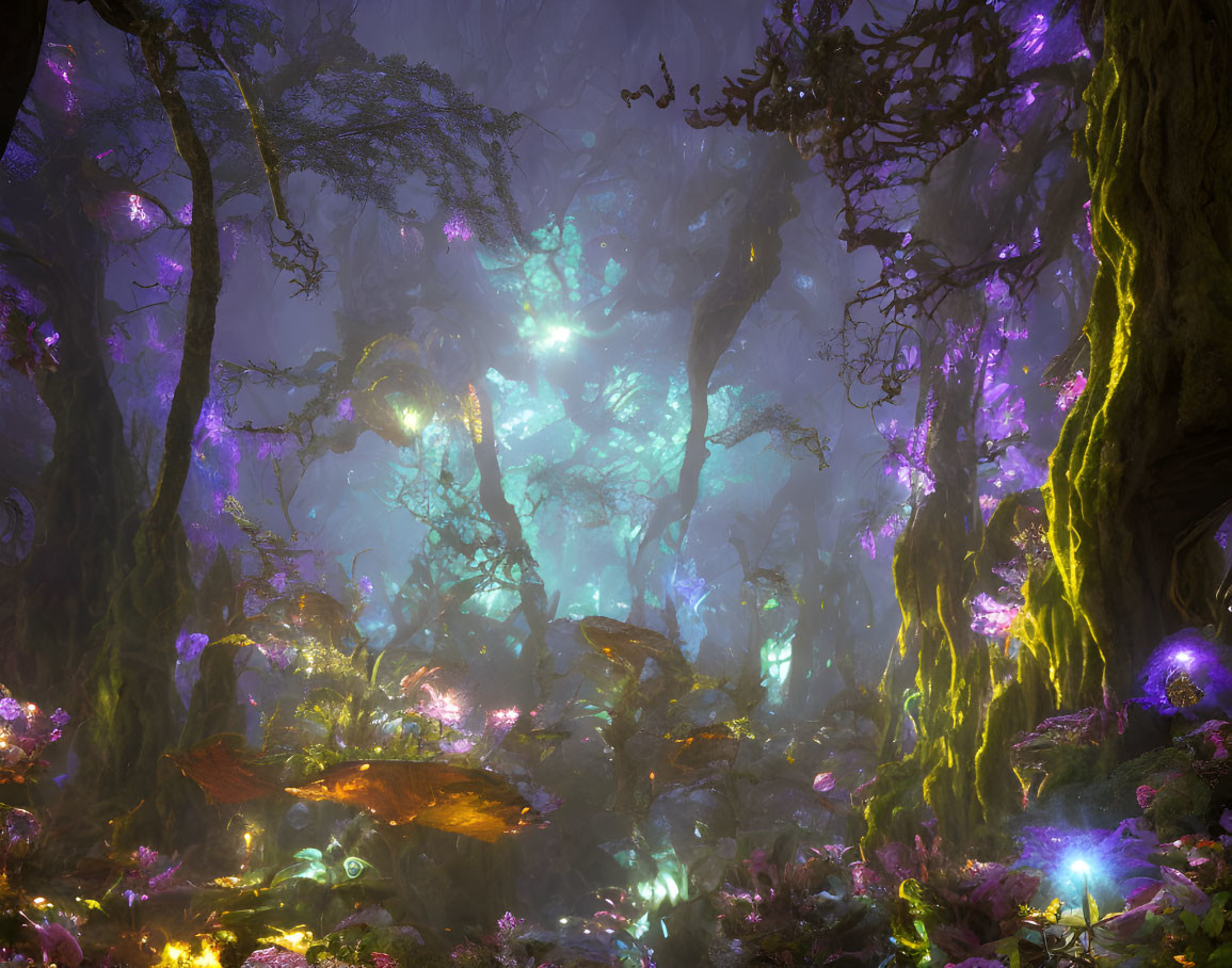 Enchanting forest with glowing plants and twisted trees