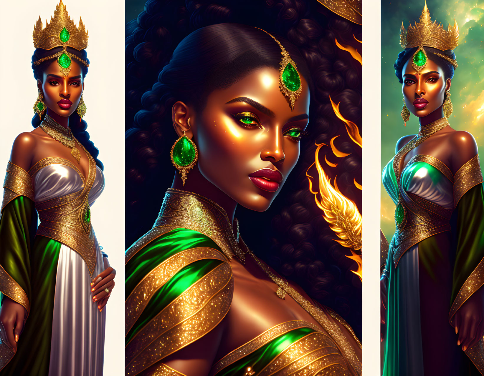 Regal woman with golden headgear and jewelry, vibrant green eye shadow