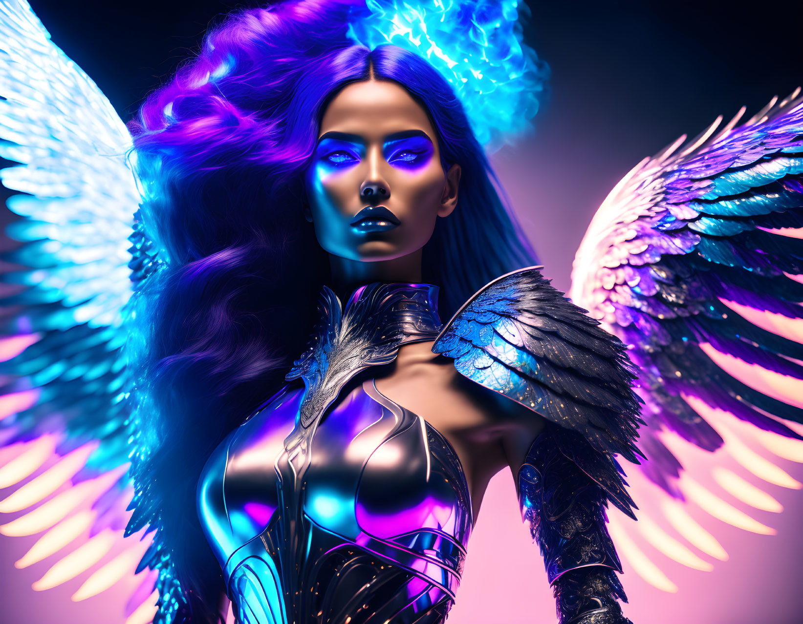 Fantastical female figure in metallic armor with wings under vibrant blue and purple lighting