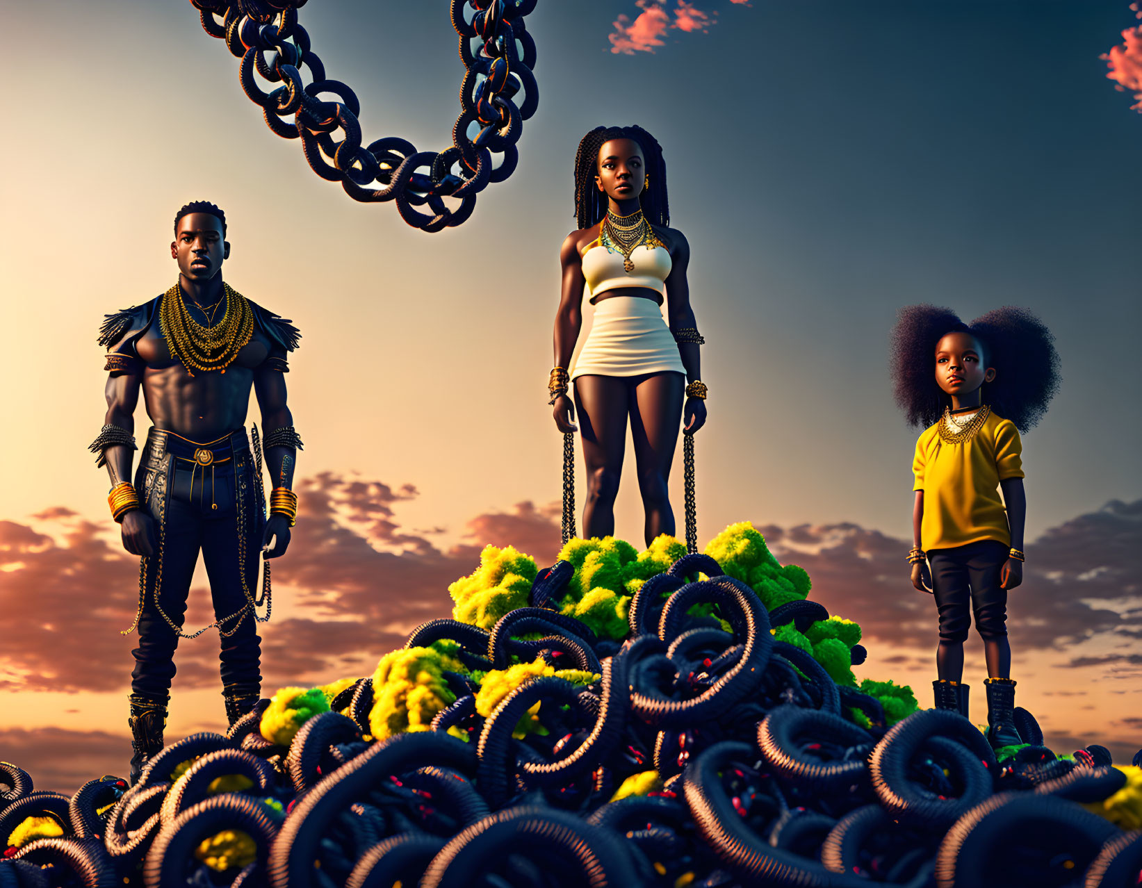 Stylized family characters on vibrant chains at sunset