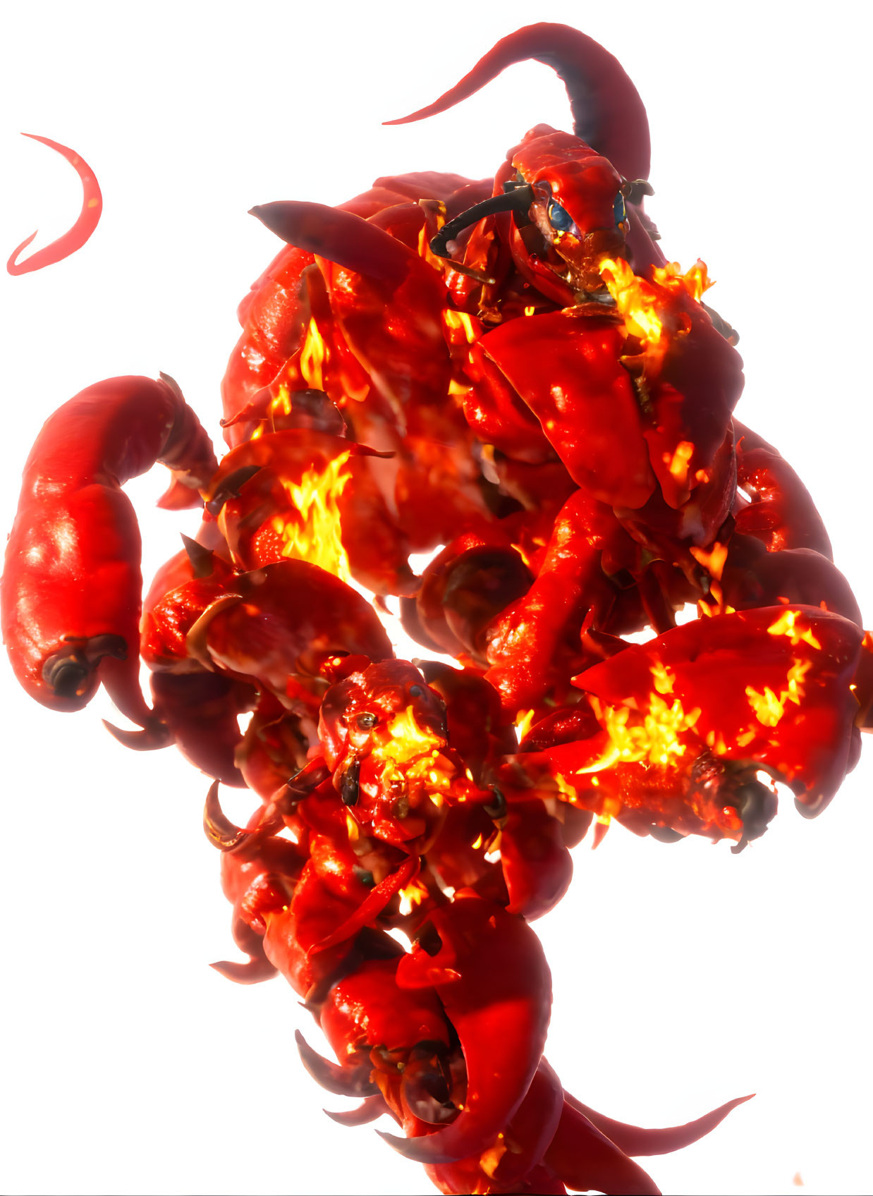 Digitally altered image: Stacked red lobsters with fiery parts