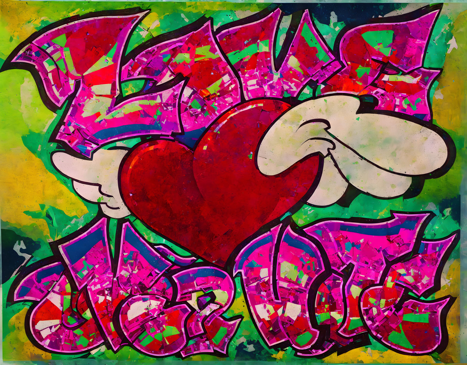 Colorful graffiti artwork: stylized heart, cartoonish gloves, bold "LOVE" on gr