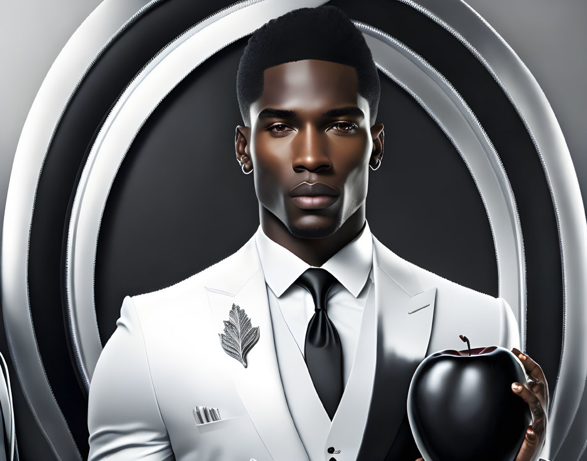 Stylized portrait of man with apple in white suit against concentric circles