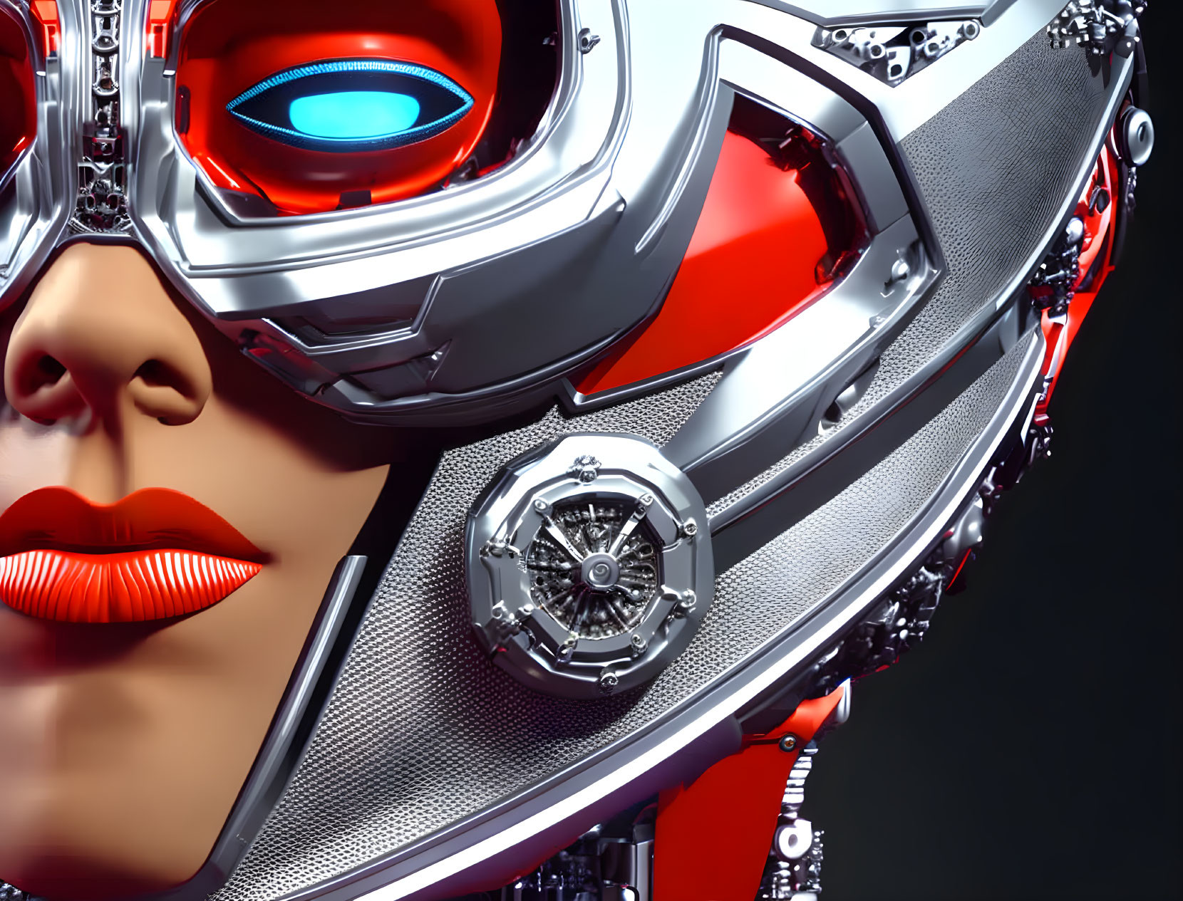 Detailed futuristic robot with mechanical eye and red lips on grey background