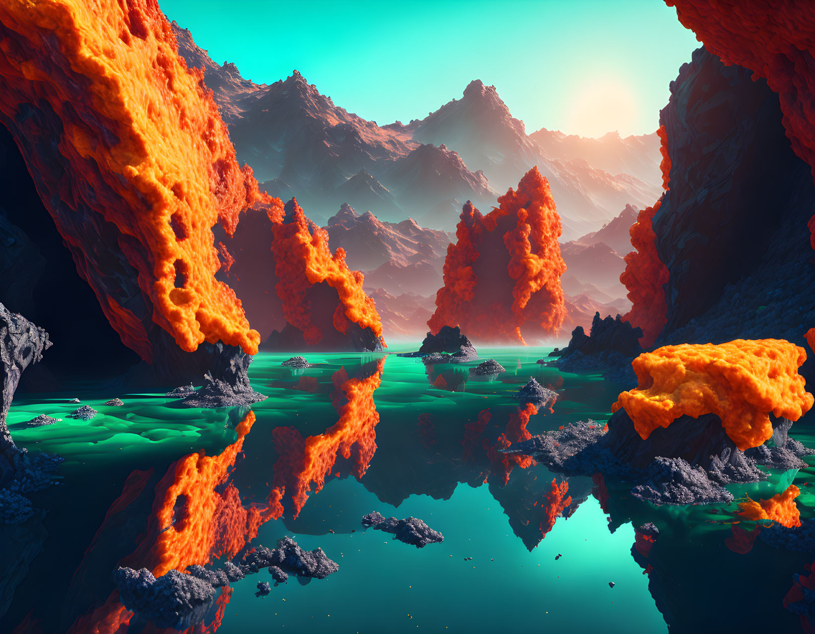 Lava landscape with glowing flows and tranquil water reflection