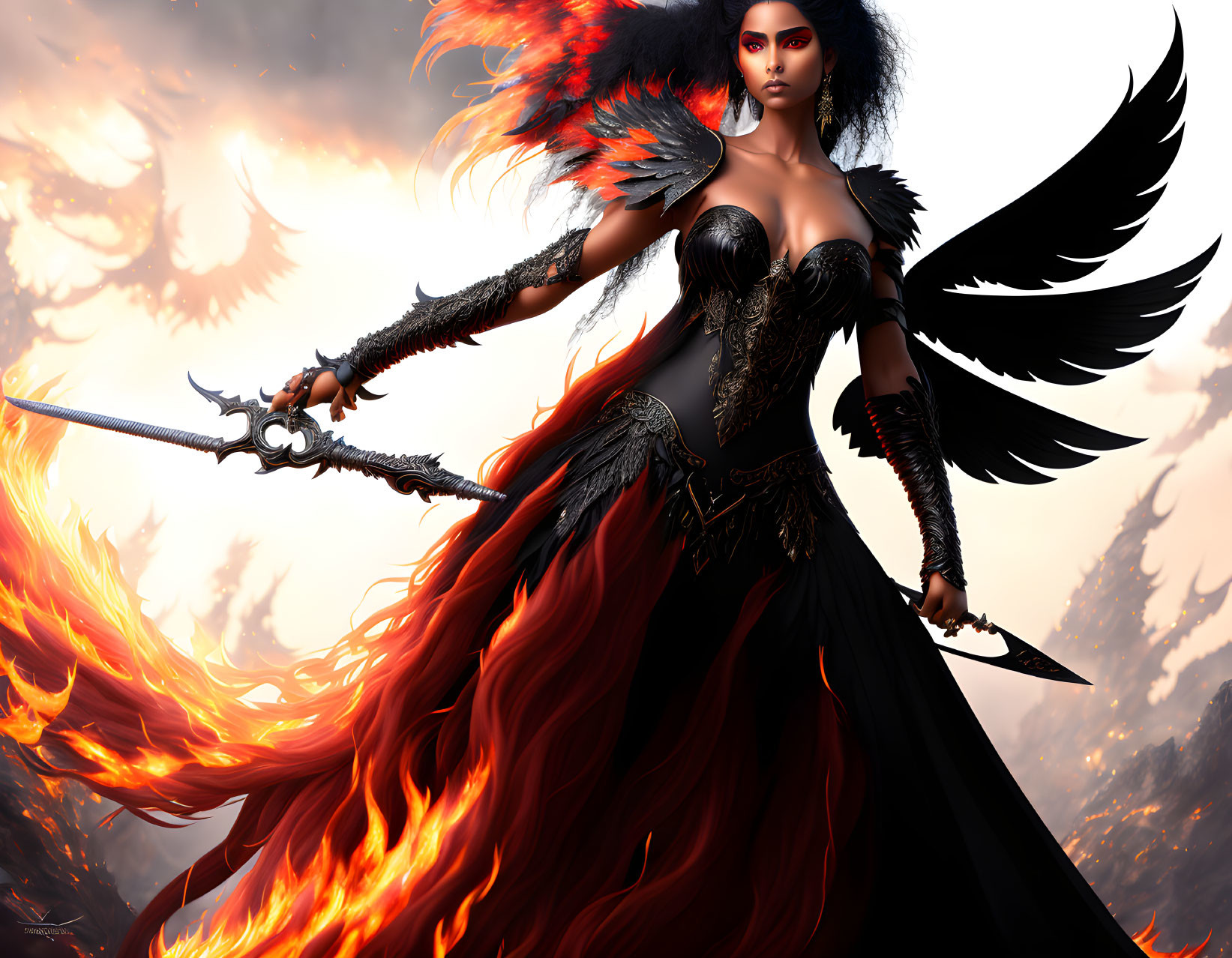 Warrior woman with dark wings in ornate armor wields swords in fiery scene