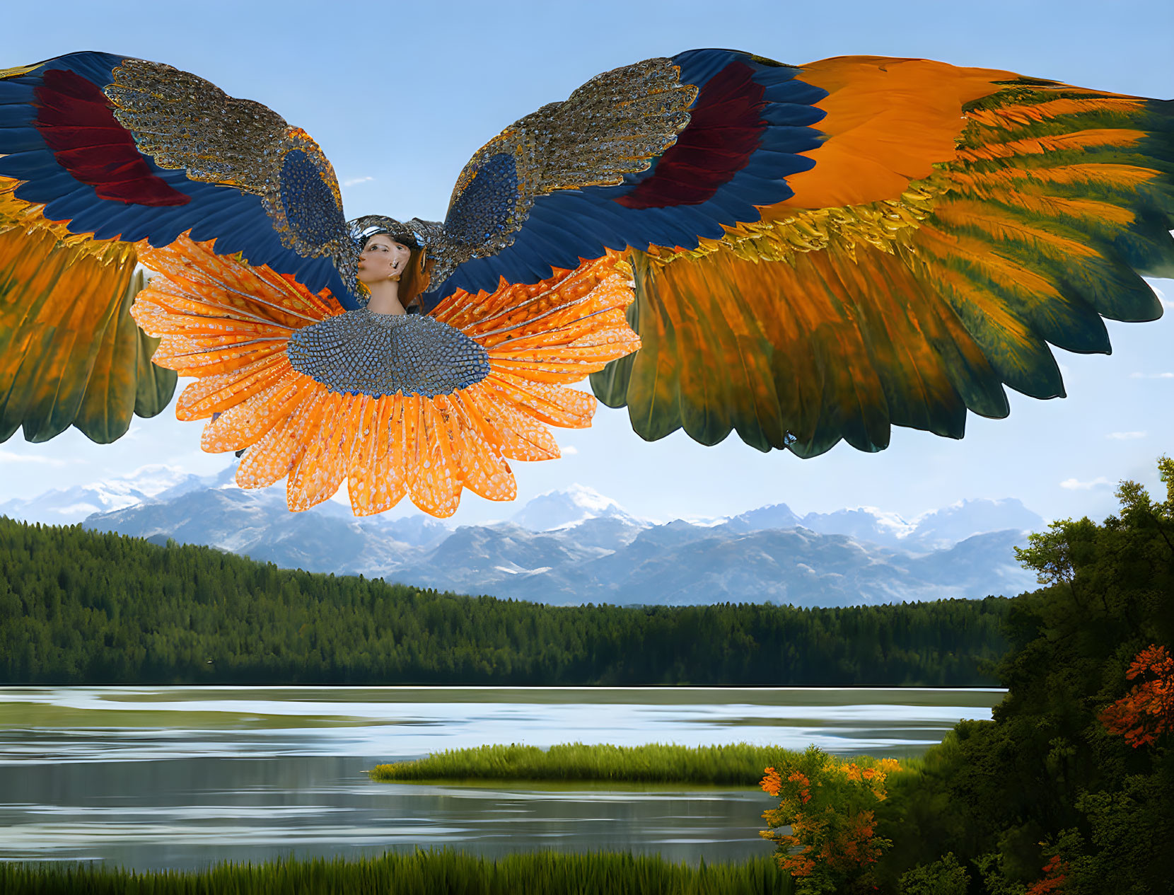 Woman with Multicolored Butterfly Wings Hovering over Scenic Lake