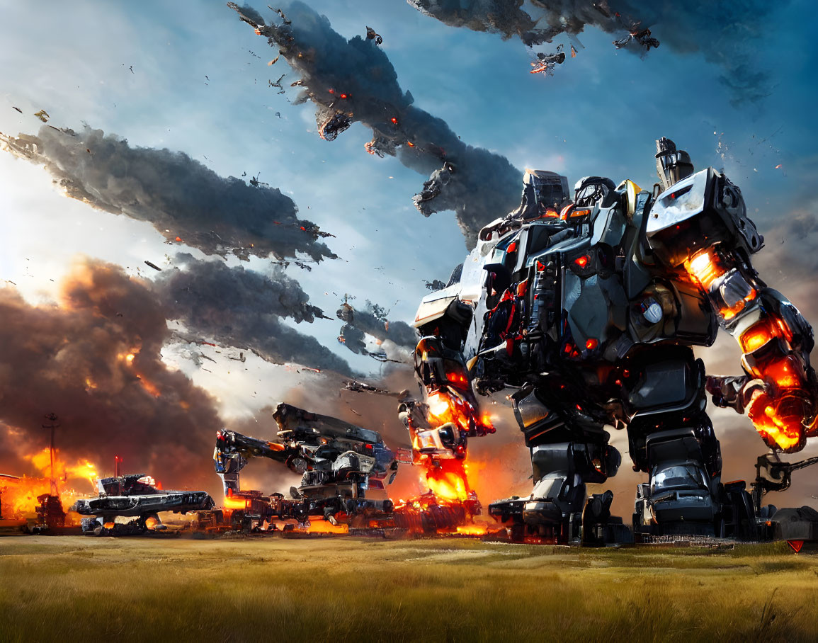 Sci-fi battle scene with giant robots, explosions, and debris under dramatic sky