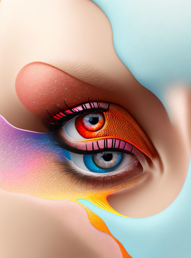 Vibrant orange and blue human eye illustration with abstract shapes