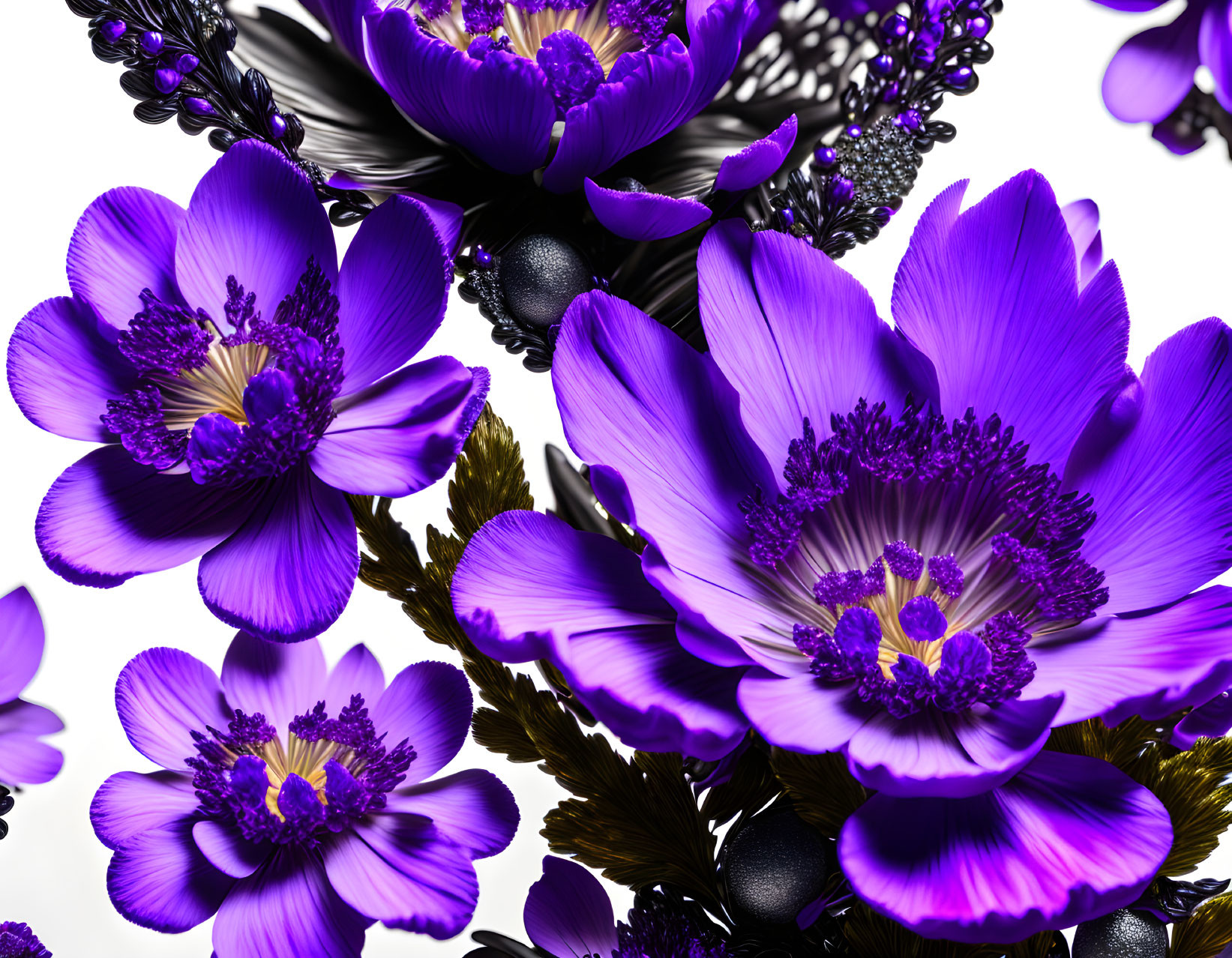 Vibrant purple flowers with stamens, dark centers, black berries, and green foliage on