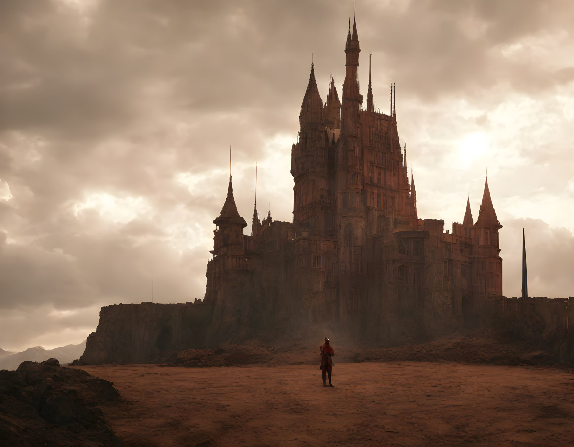 Mysterious figure at gothic castle on rugged cliff under dramatic sky