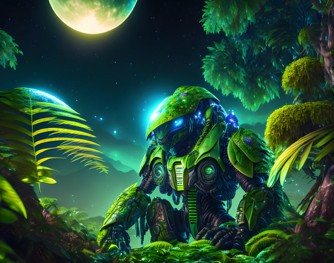 Alien creature in lush sci-fi forest under night sky