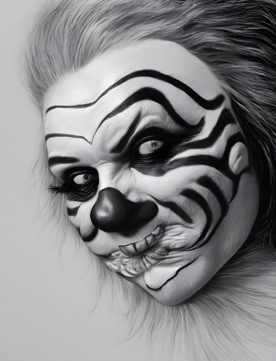 Monochrome portrait of a person with dramatic clown makeup and striped pattern