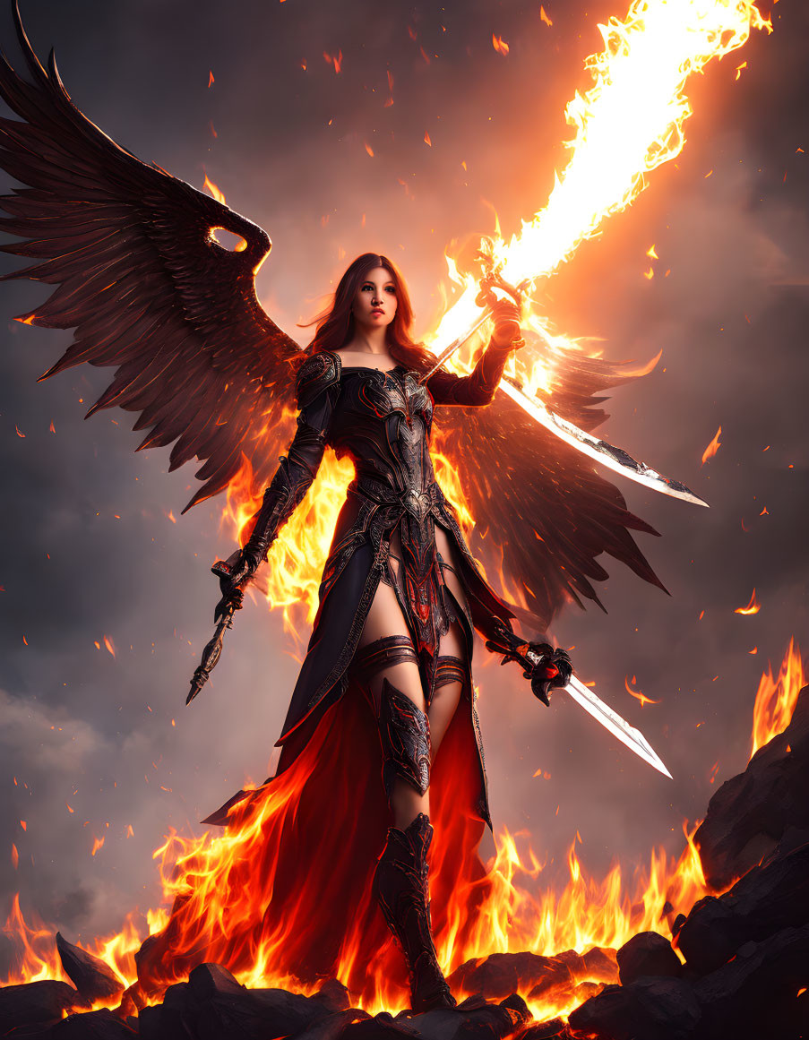 Fantasy warrior woman with fiery wings and flaming sword in flames under stormy sky