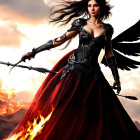 Warrior woman with dark wings in ornate armor wields swords in fiery scene