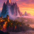 Majestic castle on misty cliffs with dragons and boats at sunset