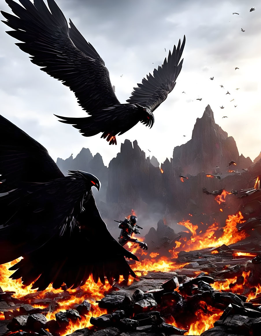 Warrior in volcanic landscape with eagles and dramatic sky