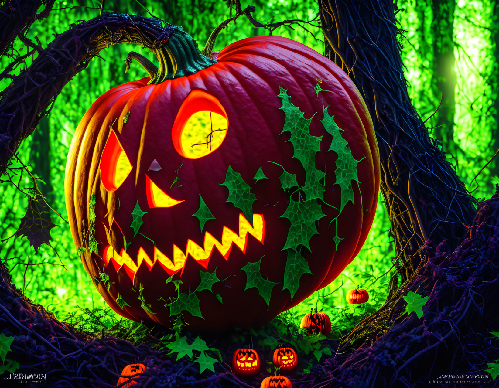 Carved Halloween pumpkin with menacing grin, surrounded by smaller pumpkins and green leaves against vibrant green-l