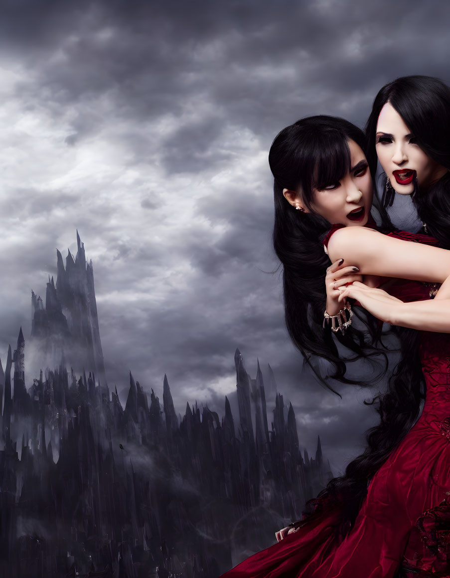 Two women styled as vampires in red and black dresses, posing in front of gothic castle.