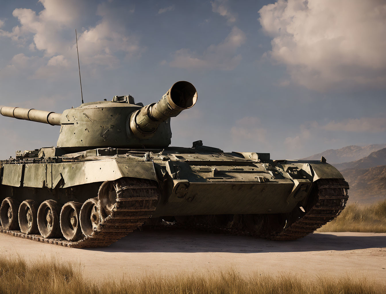 Green military tank on dry grassy terrain with clear sky and gentle hills.