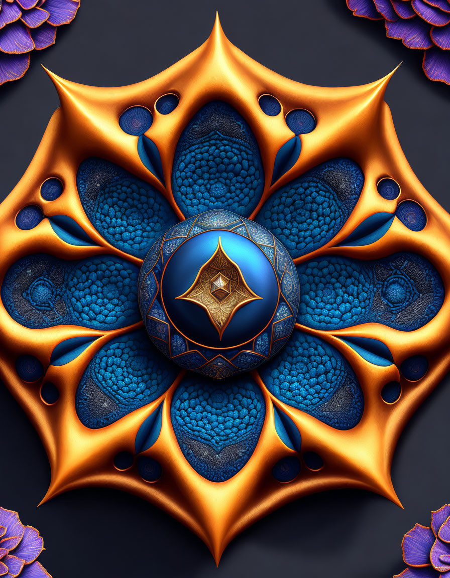 Symmetrical floral mandala digital art with blue and orange colors