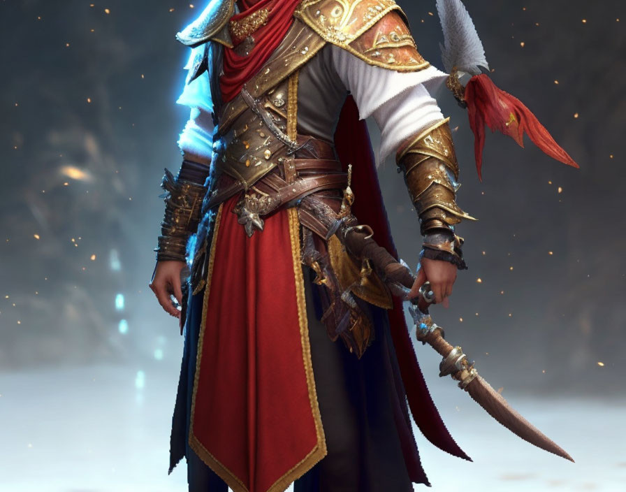 Red and Gold Armored Character with Feather-Adorned Saber in Misty Setting