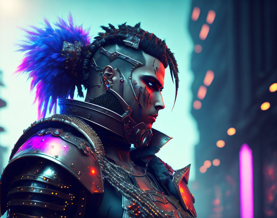 Futuristic warrior with metal armor and blue mohawk in neon cityscape