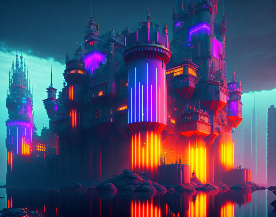 Futuristic neon-lit cityscape with towering spires and glowing architecture at twilight