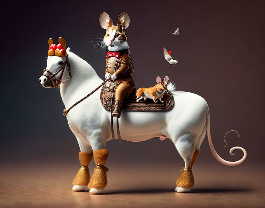 Whimsical large mouse dressed as royal figure riding white horse with smaller mouse and birds.