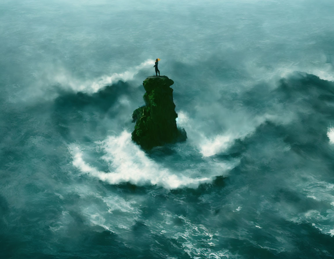 Person standing on misty sea rock surrounded by swirling waves