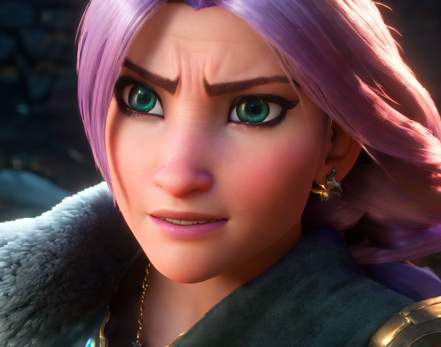 Detailed 3D animated female character with purple hair and green eyes wearing gold earring and grey fur